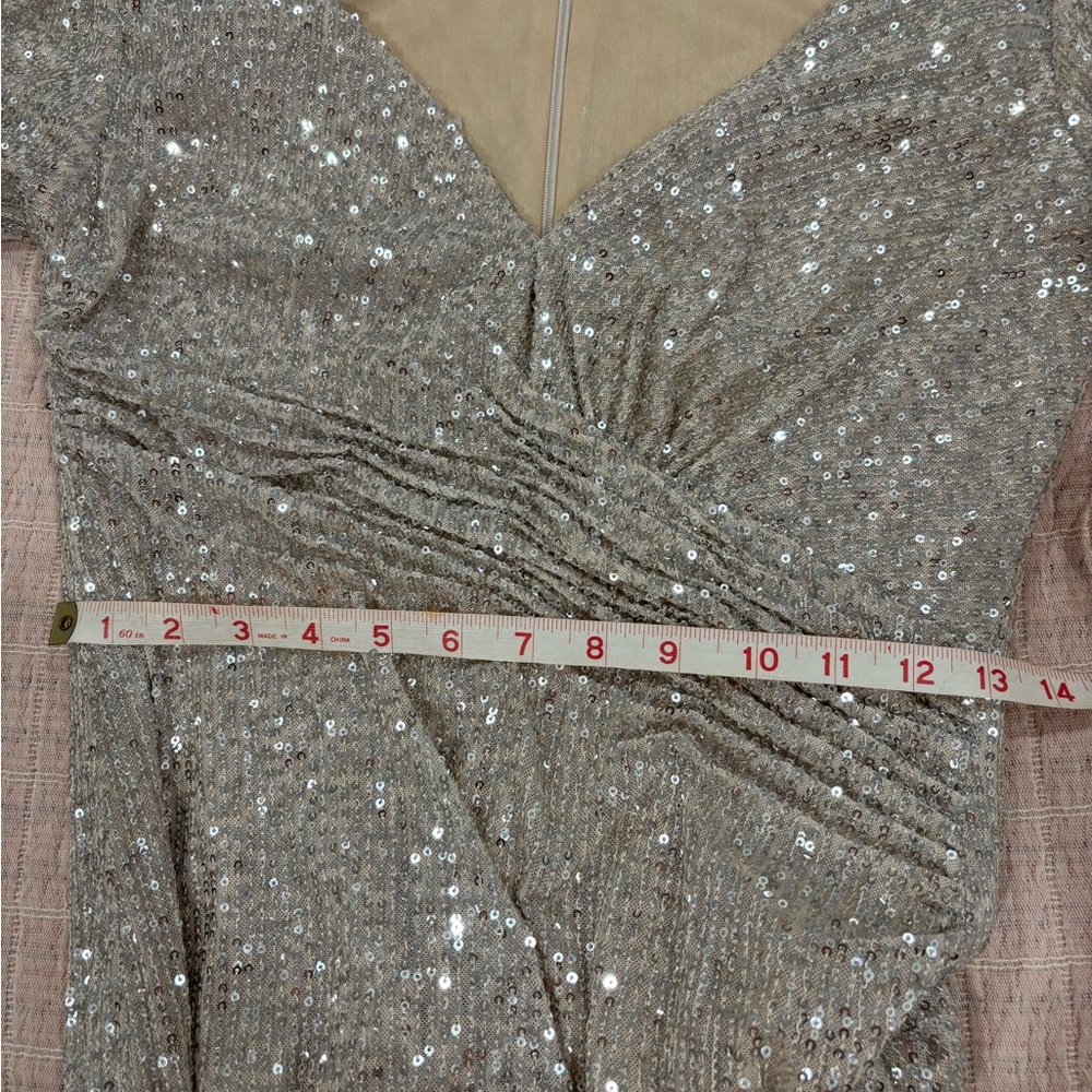 Sequined Long Sleeve V-Neck Evening Dress - Champagne - Picture 11 of 13